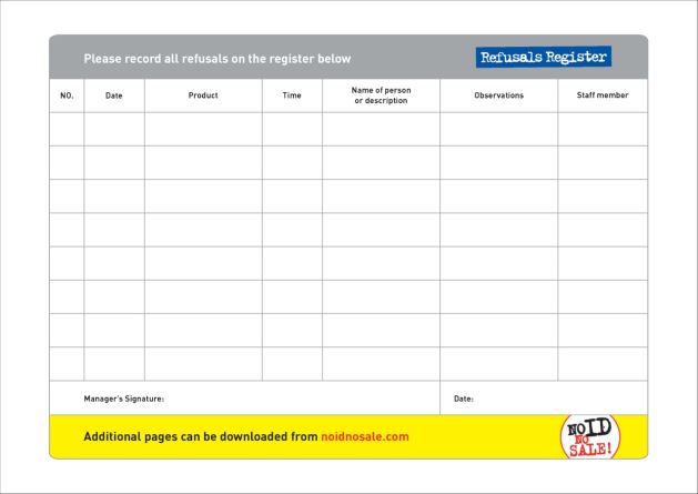'No ID, No Sale!' A4 Refusals Register Extra Page